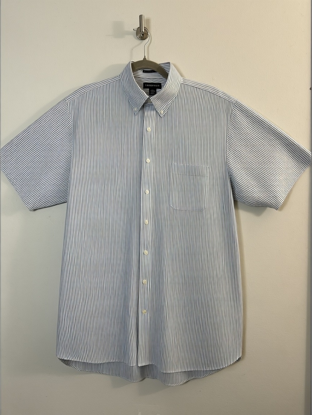 Lands’ End Men’s 18.5 Blue White Stripe Supima Oxford Shirt Short Sleeve